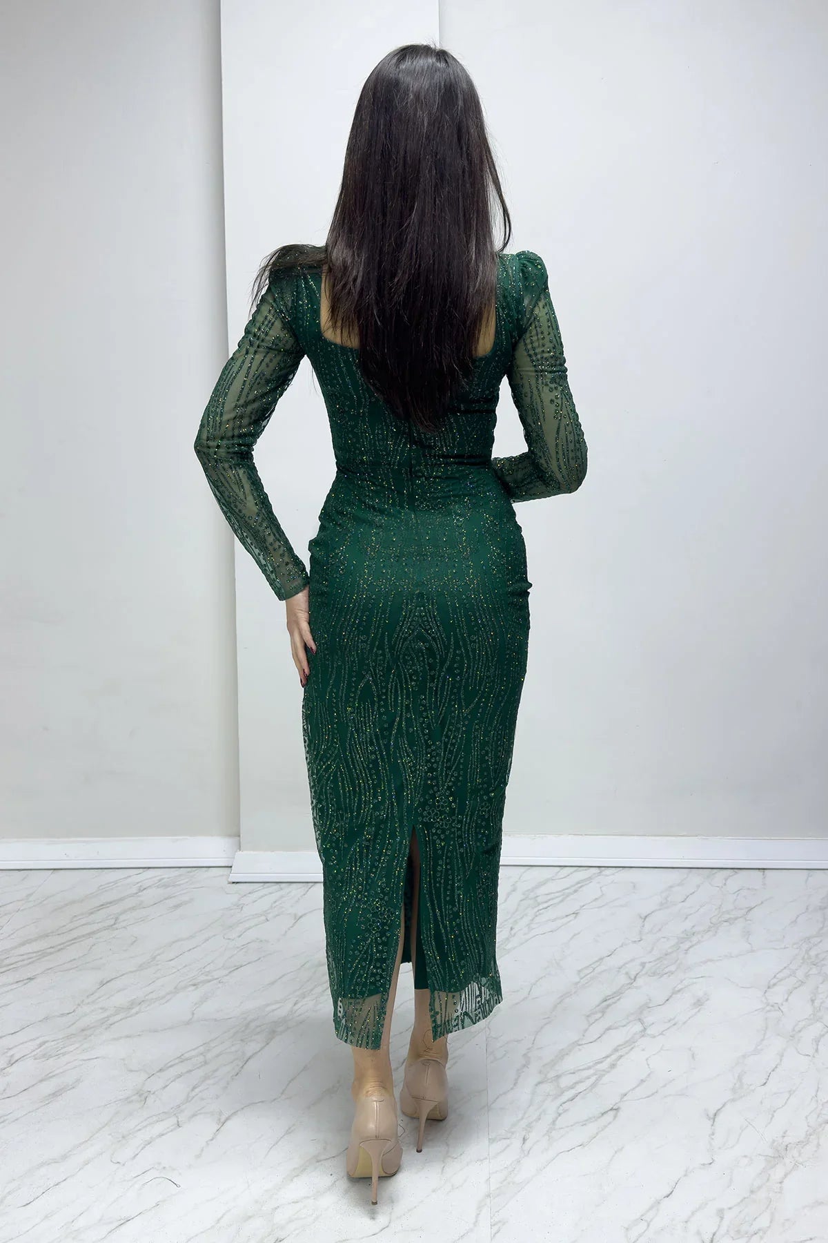 Women's Emerald Green Square Neck Gold Glitter Long Sleeve Midi Evening Gown