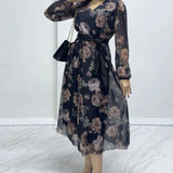 Black Floral Pattern Midi Dress