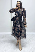 Black Floral Pattern Midi Dress