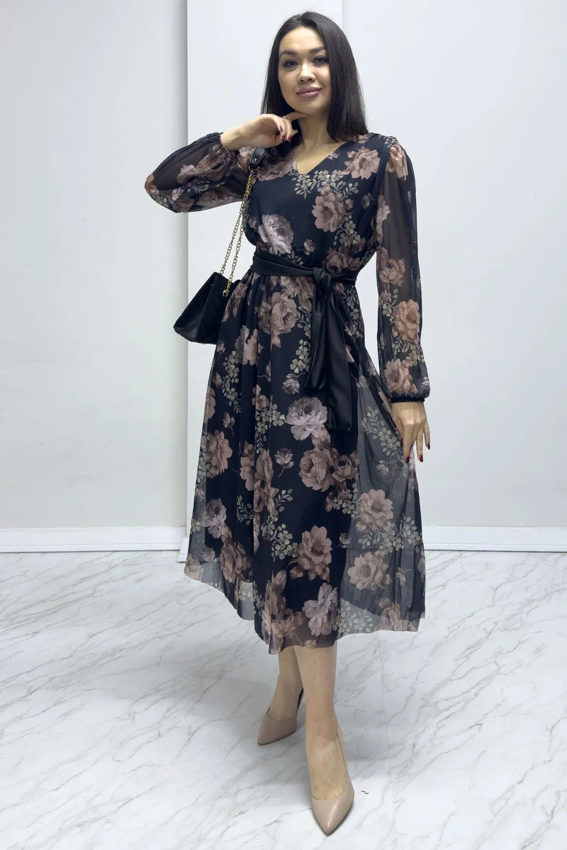 Women's Black Brown Floral V-Neck Midi Chiffon Plus Size Dress