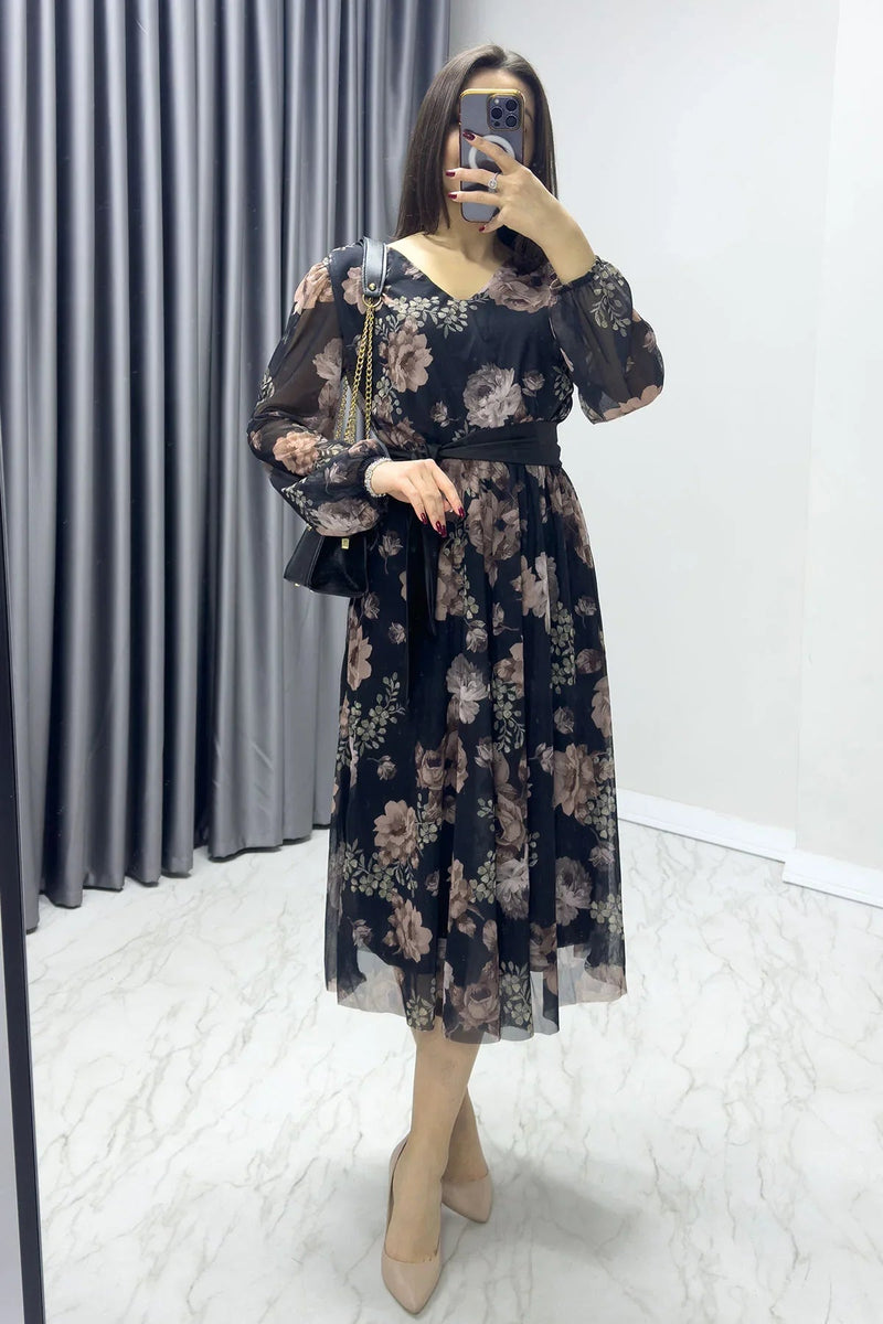 Women's Black Brown Floral V-Neck Midi Chiffon Plus Size Dress