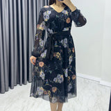 Black Floral Pattern Midi Dress