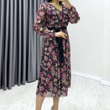 Black Floral Pattern Midi Dress