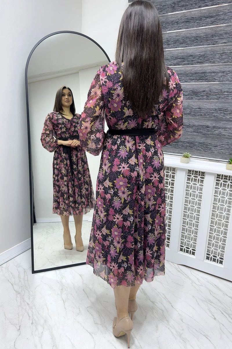 Women's Black Floral V-Neck Midi Chiffon Plus Size Dress