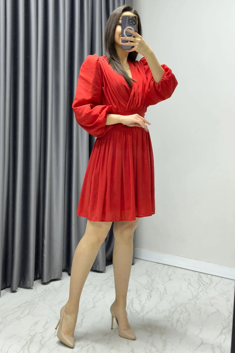 Women's Red Balloon Sleeve Chiffon Dress
