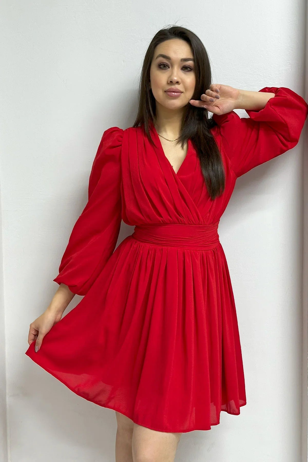 Women's Red Balloon Sleeve Chiffon Dress