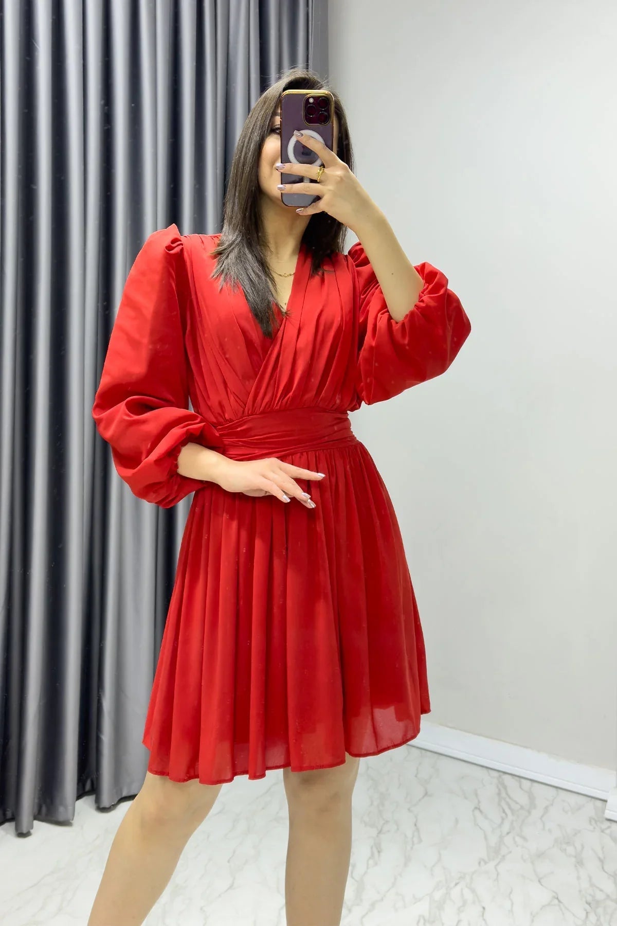Women's Red Balloon Sleeve Chiffon Dress