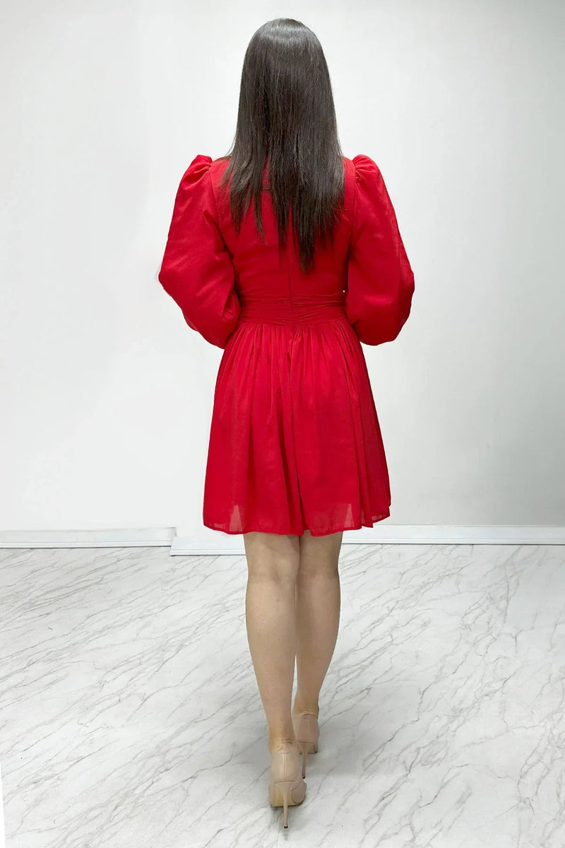 Women's Red Balloon Sleeve Chiffon Dress