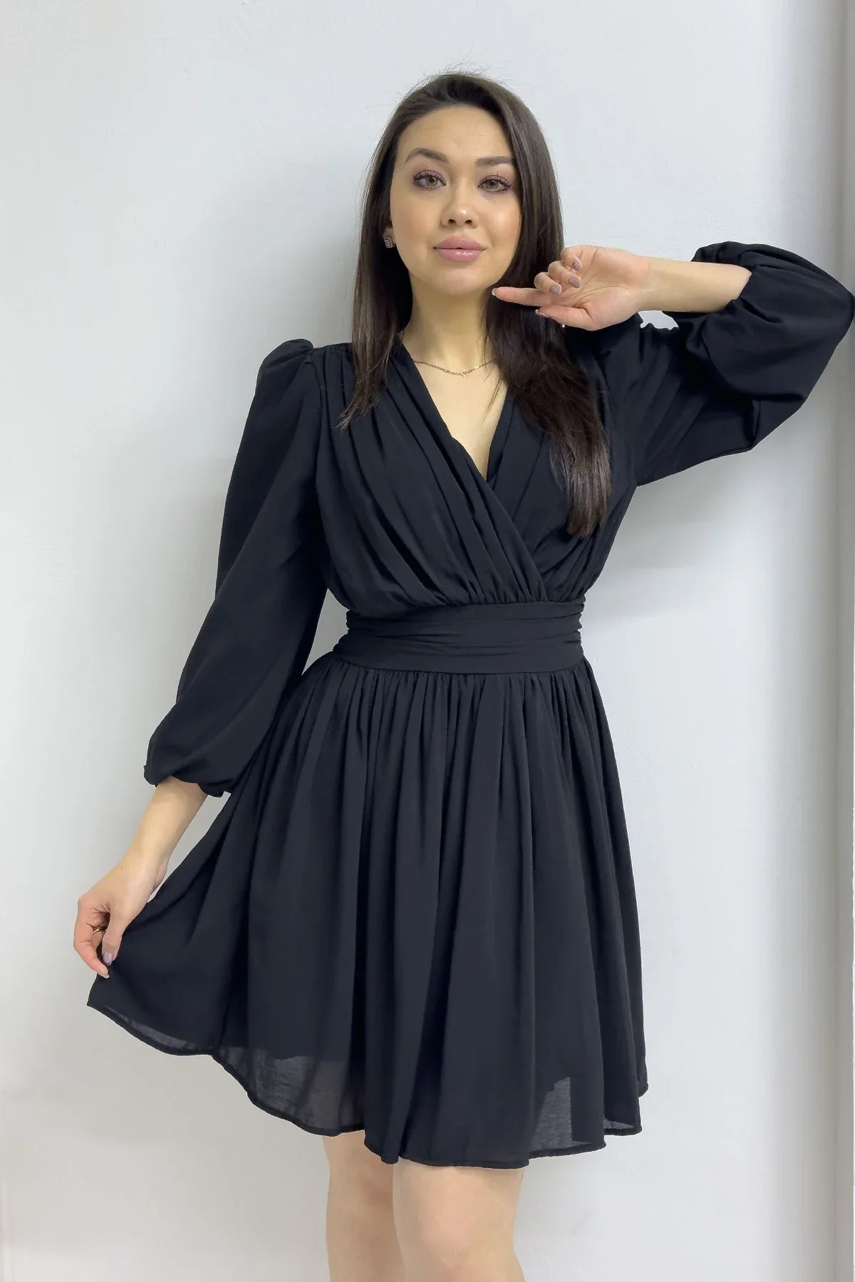 Women's Black Balloon Sleeve Chiffon Dress
