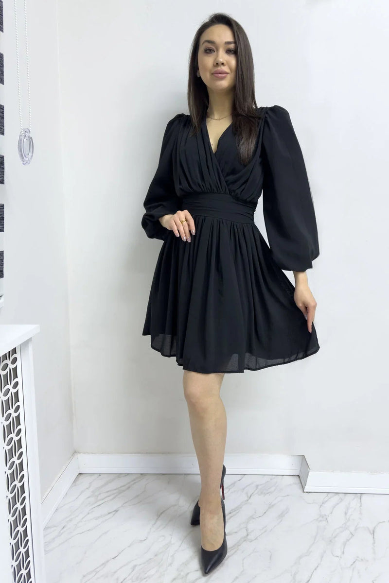 Women's Black Balloon Sleeve Chiffon Dress