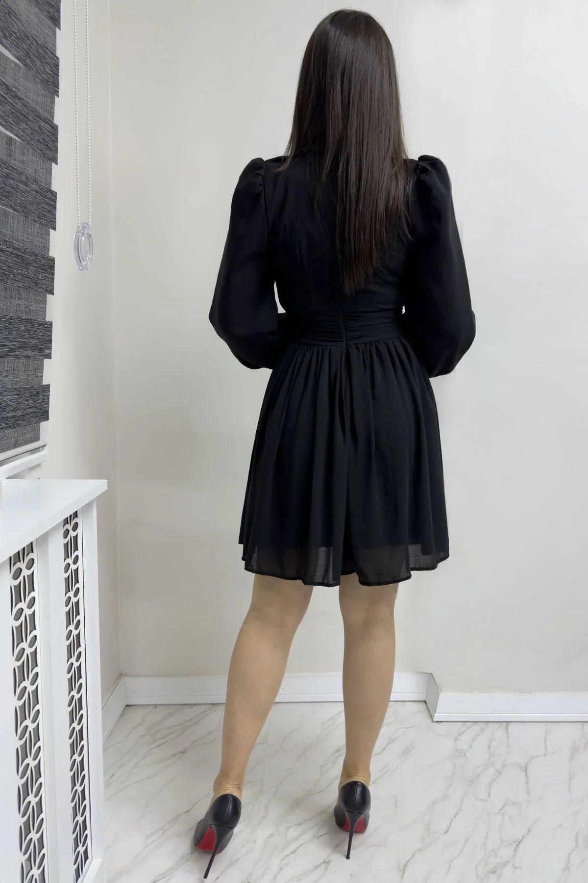 Women's Black Balloon Sleeve Chiffon Dress