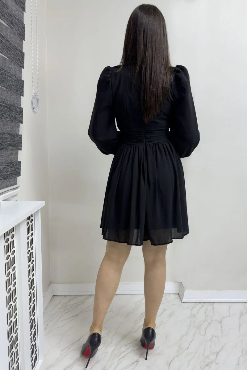 Women's Black Balloon Sleeve Chiffon Dress