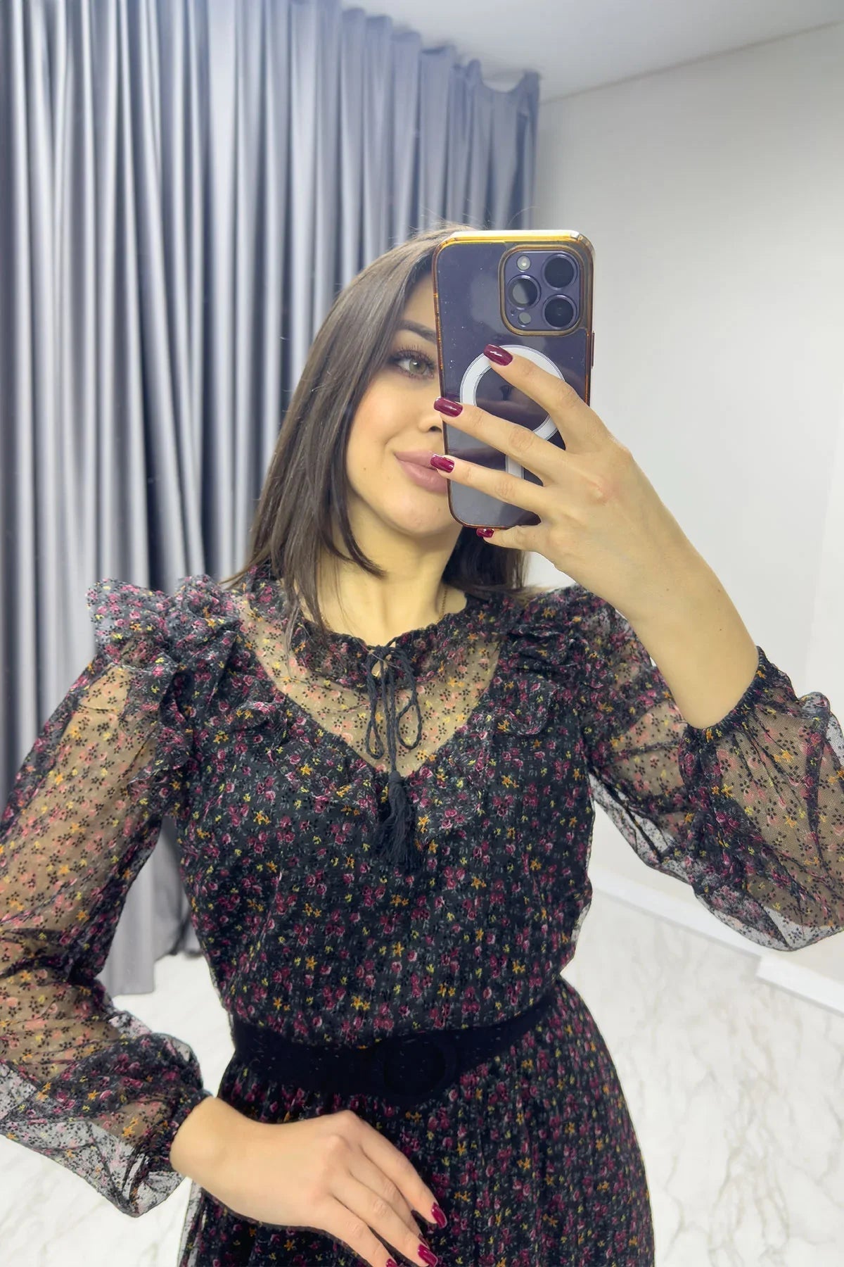 Women's Black Mini Floral Belted Flok Plus Size Dress