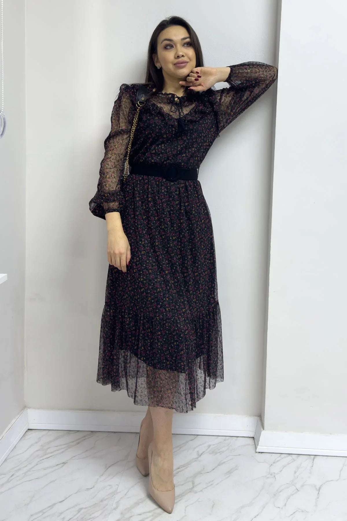 Women's Black Mini Floral Belted Flok Plus Size Dress