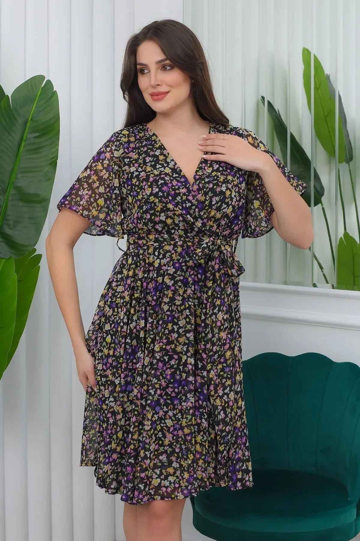 Women's Mini Floral Flared Half Sleeve Plus Size Chiffon Dress