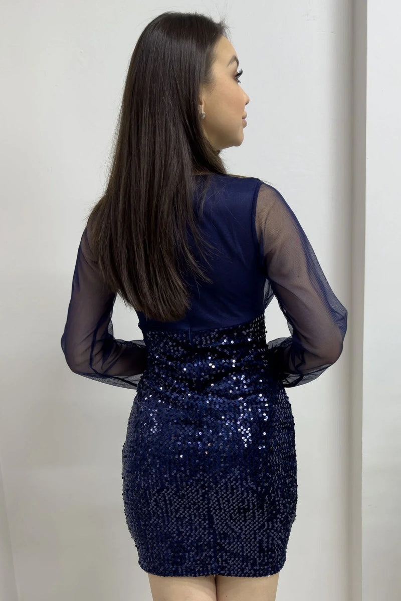 Women's Navy Blue Wrap Neck Sequin Mini Evening Gown