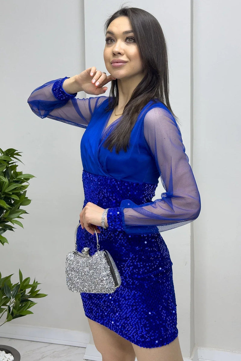 Women's Saxe Wrap Neck Sequin Mini Evening Gown