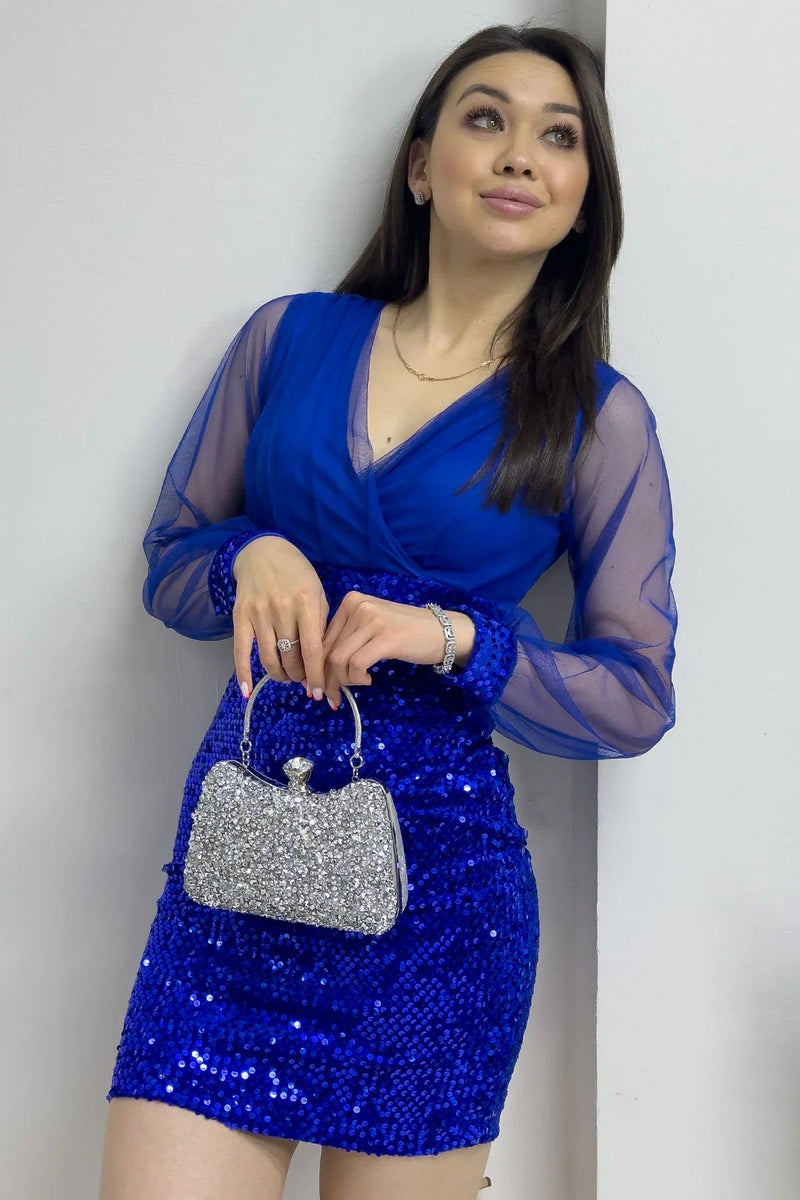 Women's Saxe Wrap Neck Sequin Mini Evening Gown