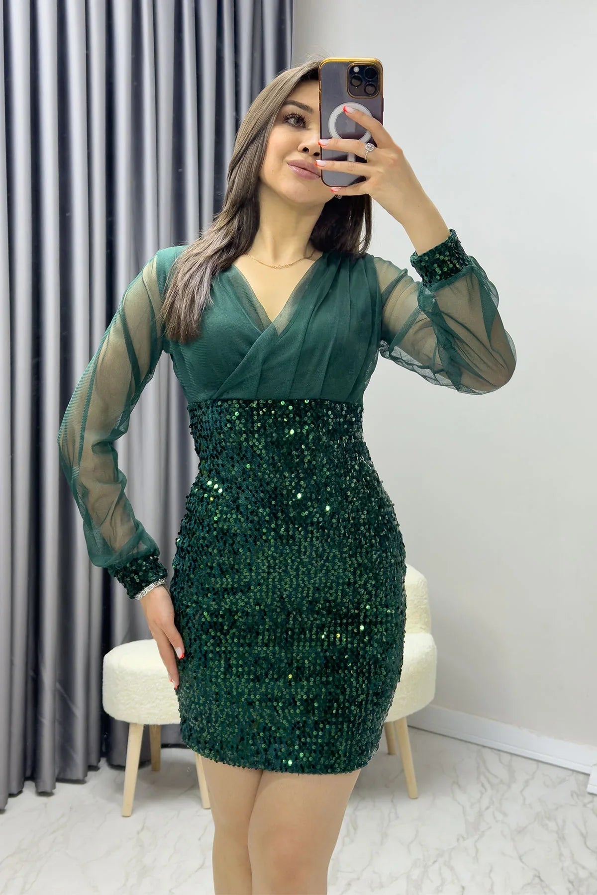 Women's Emerald Green Wrap Neck Sequin Mini Evening Gown