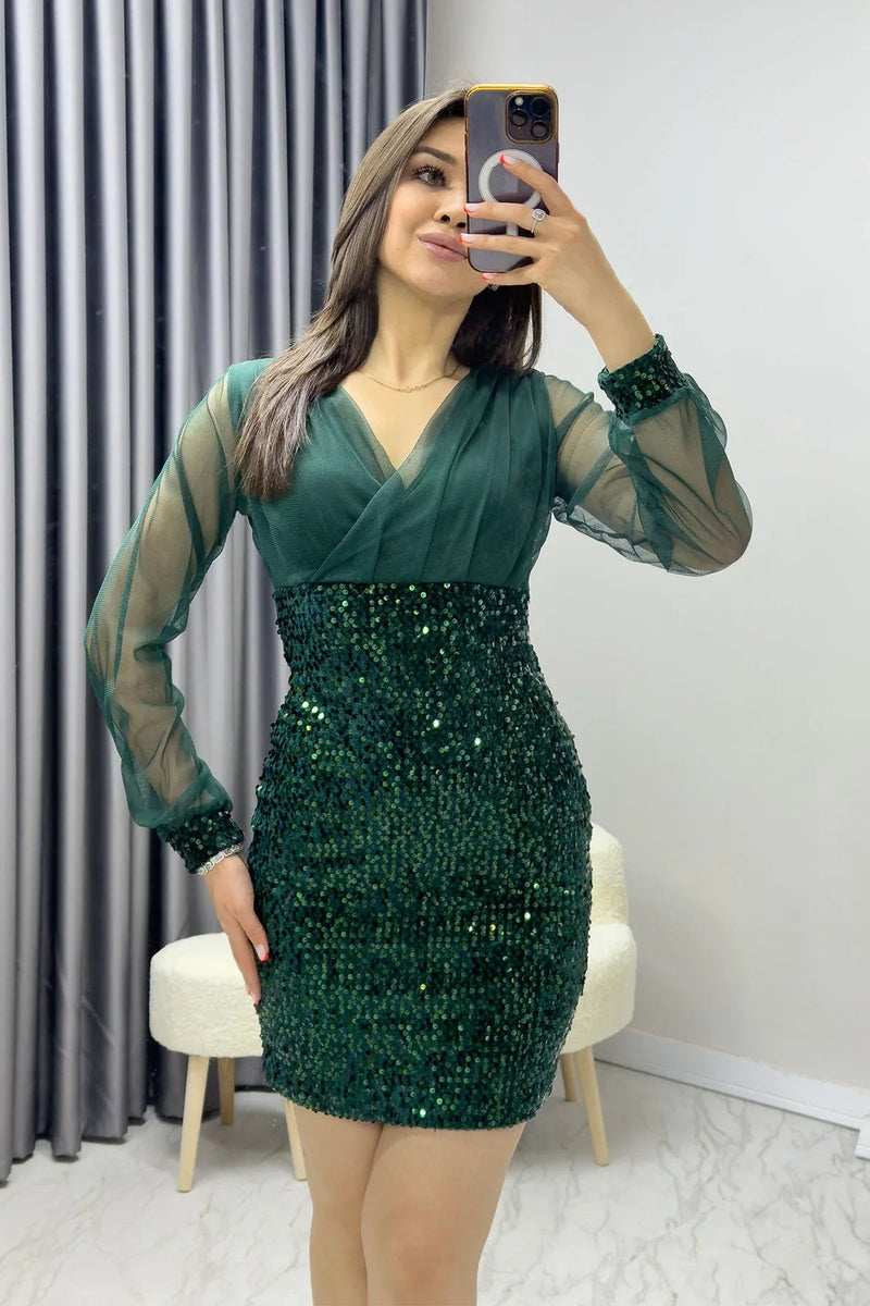 Women's Emerald Green Wrap Neck Sequin Mini Evening Gown