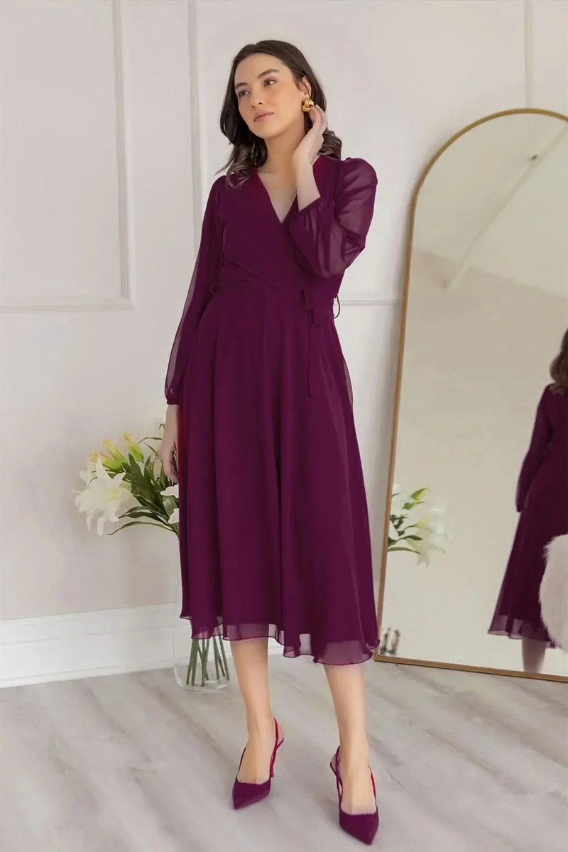 Women's Purple Balloon Sleeve Wrap Midi Chiffon Dress
