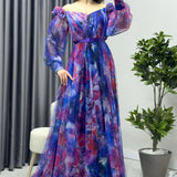 Purple Off-Shoulder Floral Pattern Evening Dress