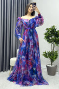 Purple Off-Shoulder Floral Pattern Evening Dress