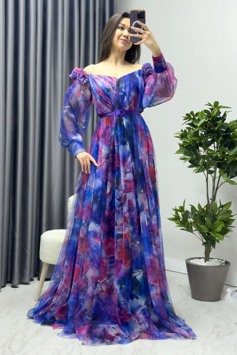 Women's Purple Off-Shoulder Belted Patterned Slit Evening Gown