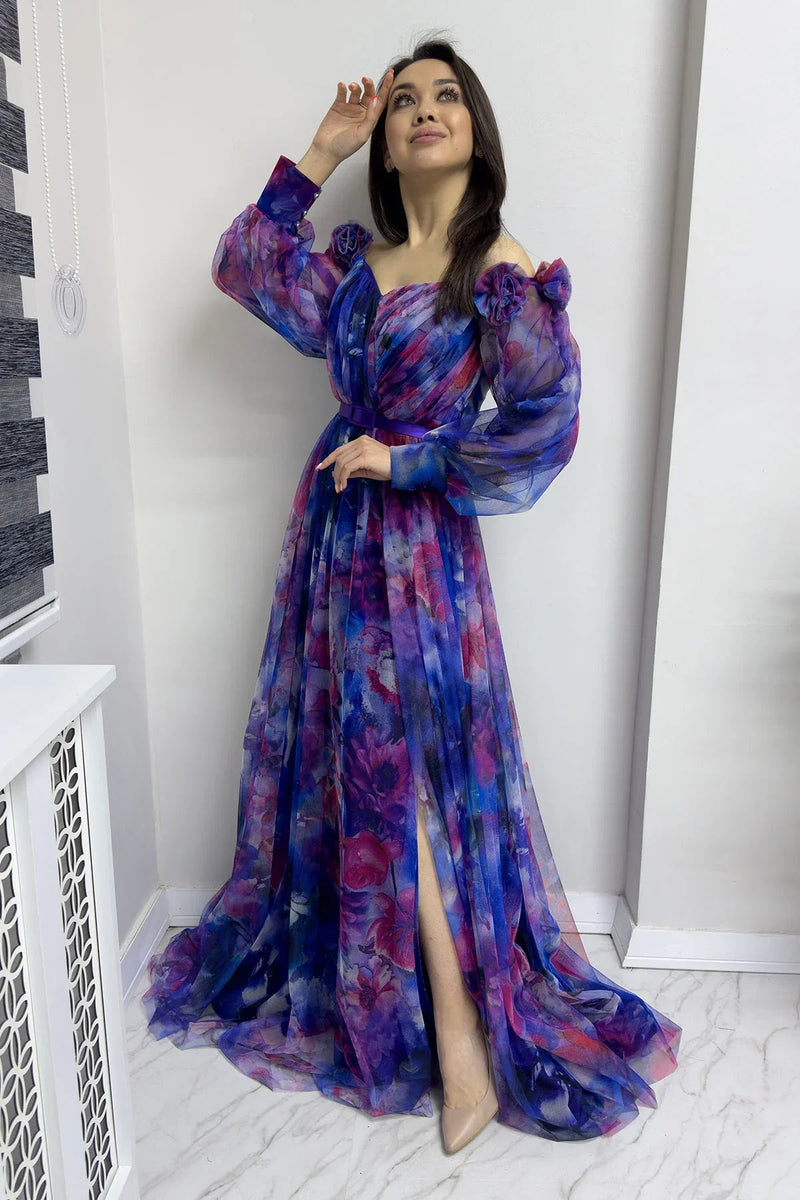 Women's Purple Off-Shoulder Belted Patterned Slit Evening Gown