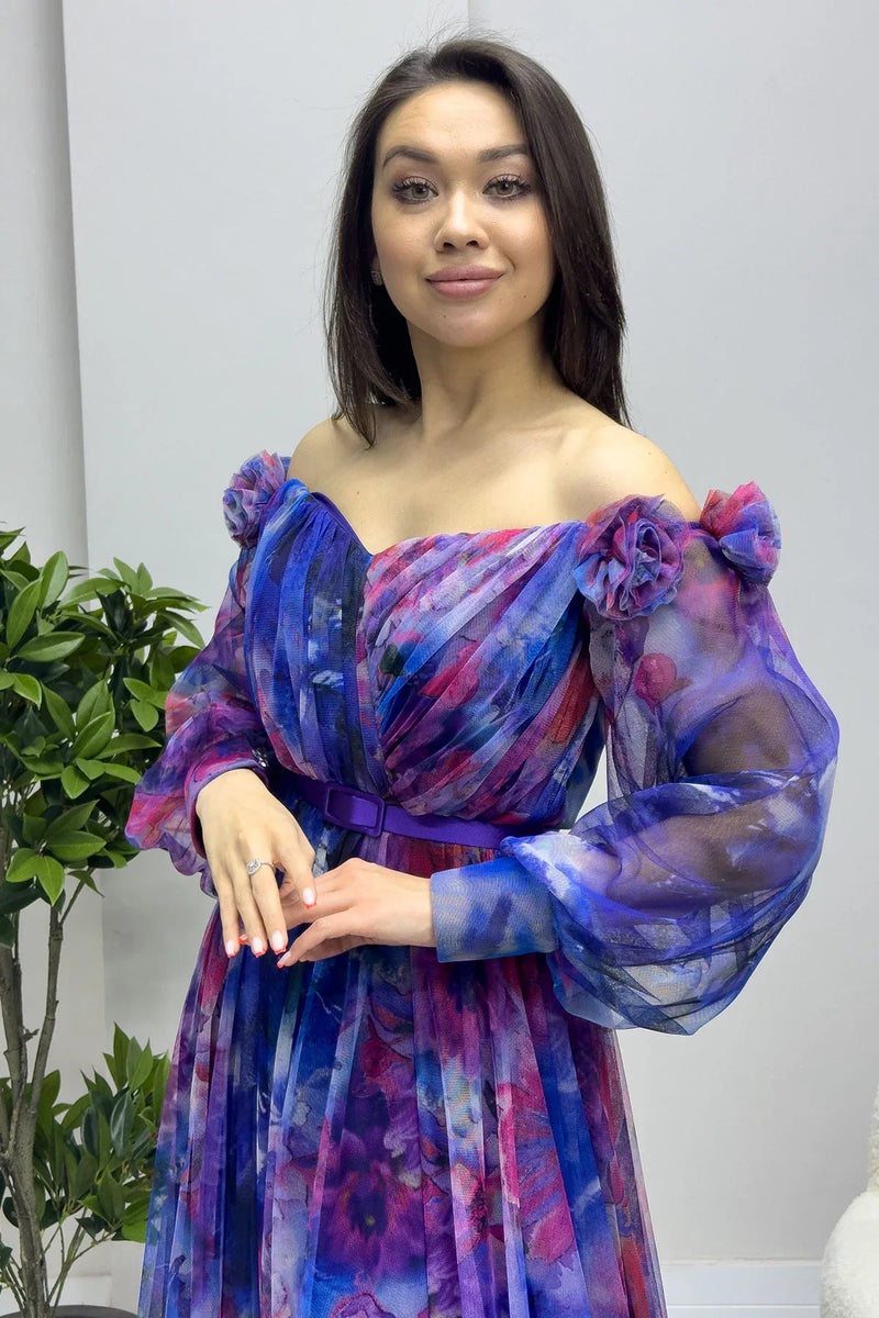 Women's Purple Off-Shoulder Belted Patterned Slit Evening Gown