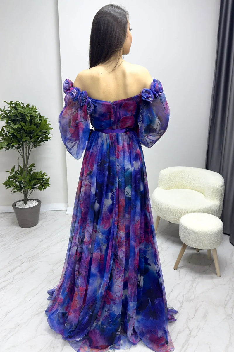 Women's Purple Off-Shoulder Belted Patterned Slit Evening Gown