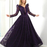 Purple Flock Print Maxi Evening Dress