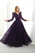 Purple Flock Print Maxi Evening Dress