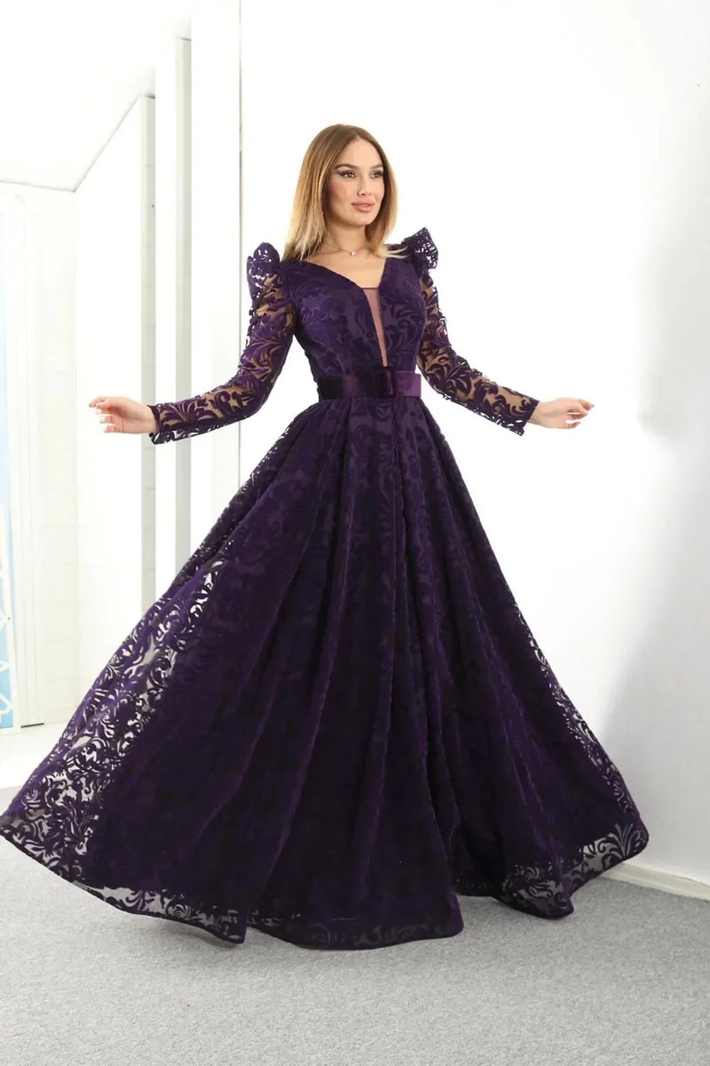 Women's Purple Flocked Print Belted Plus Size Evening Gown