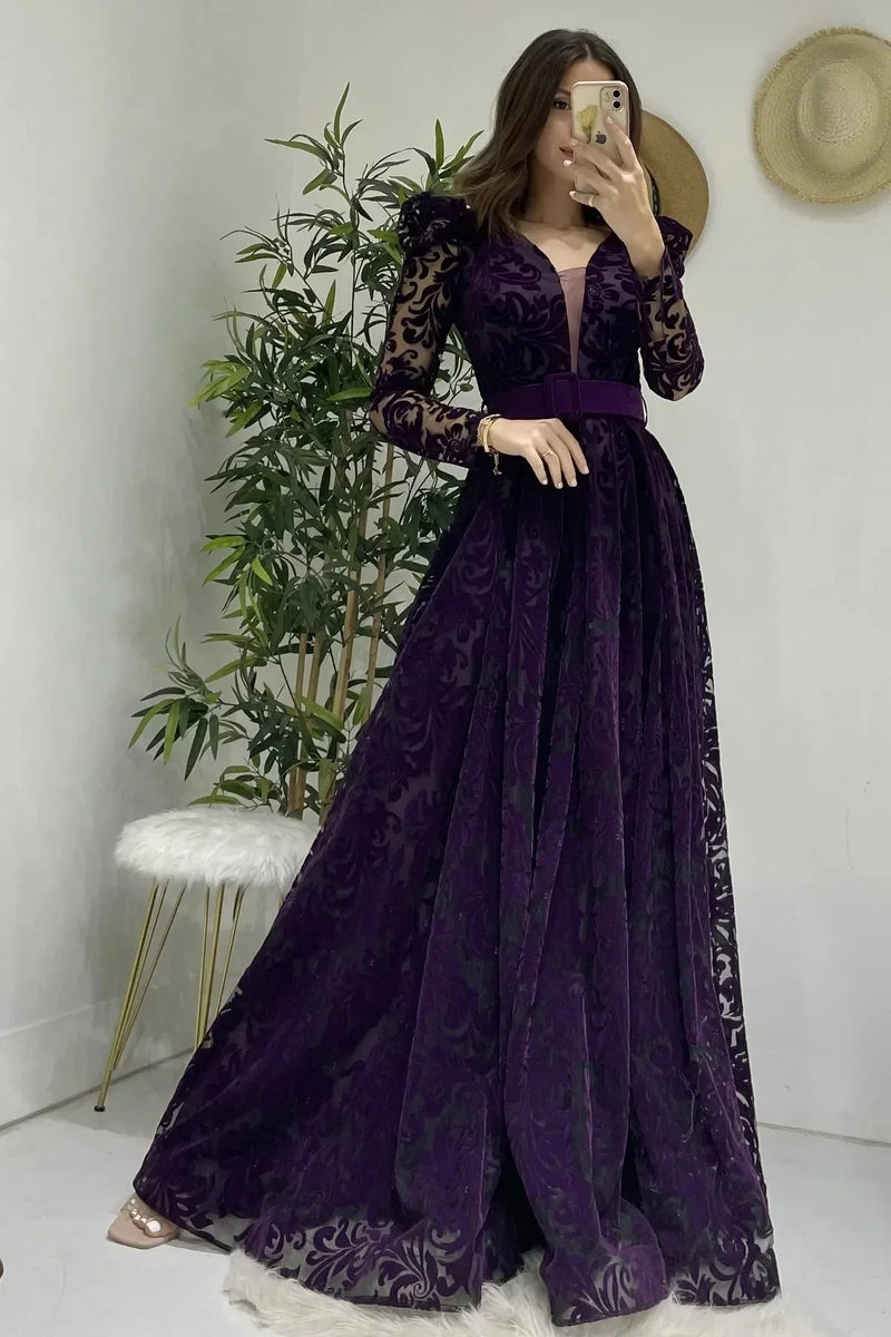Women's Purple Flocked Print Belted Plus Size Evening Gown