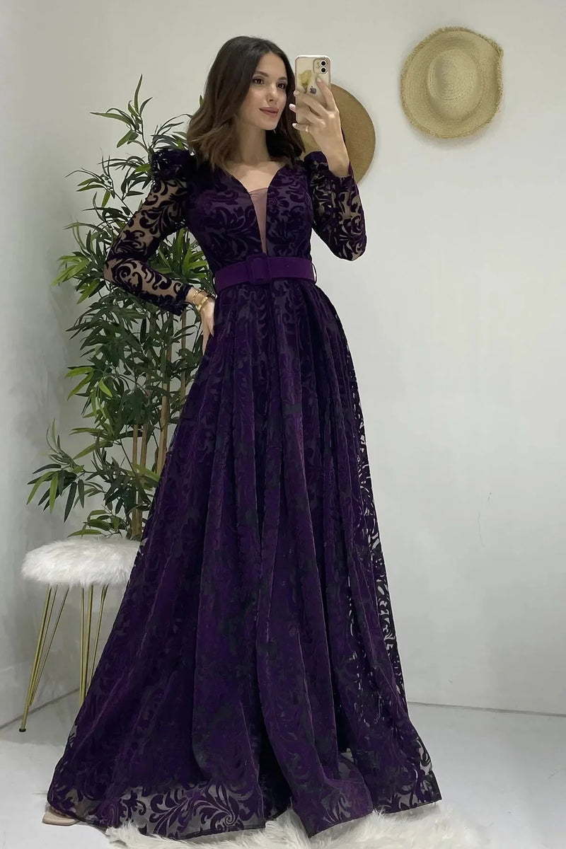 Women's Purple Flocked Print Belted Plus Size Evening Gown