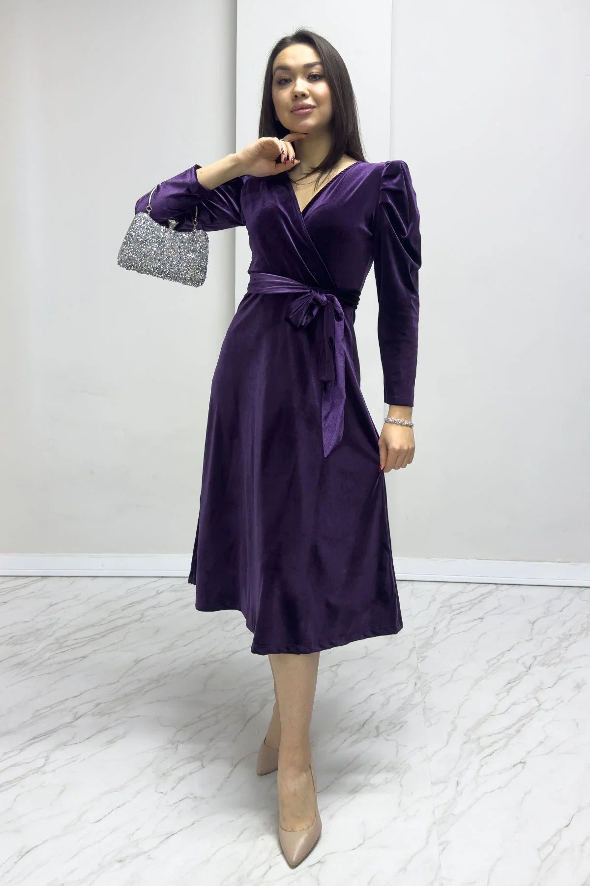 Women's Purple Karpuz Sleeve Wrap Velvet Belted Plus Size Dress