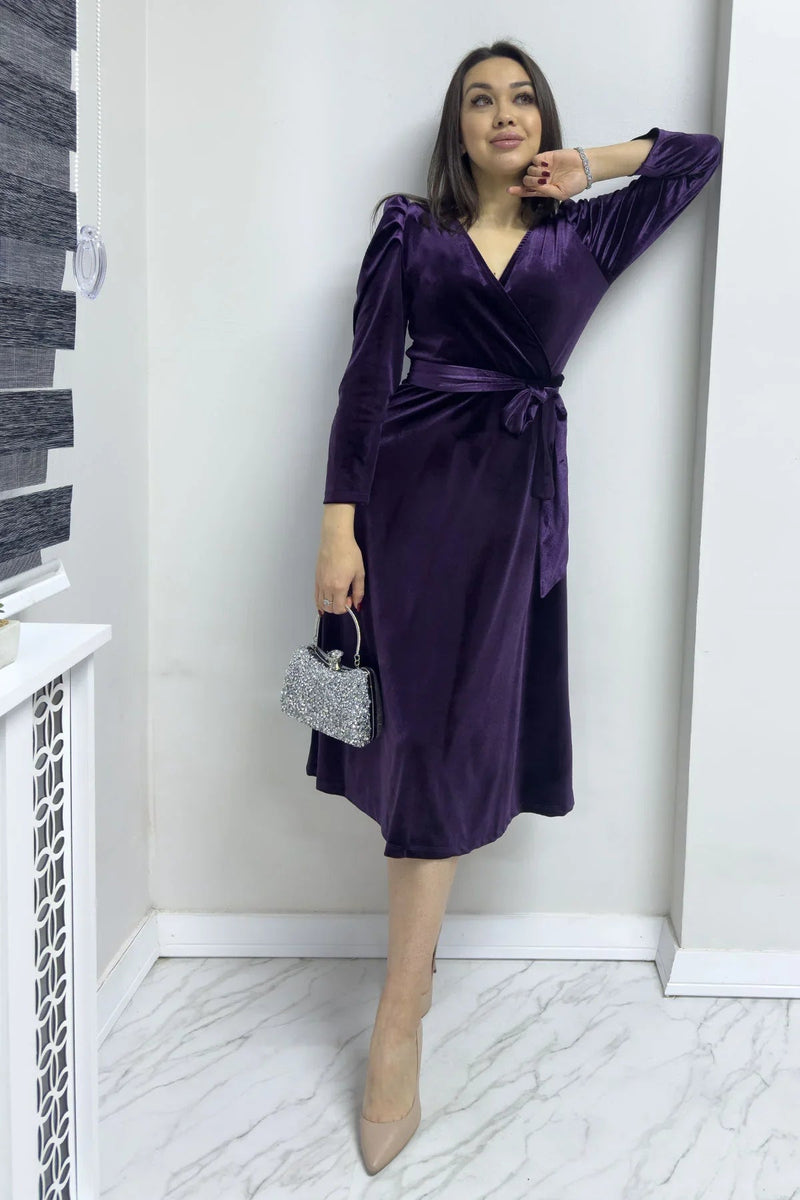 Women's Purple Karpuz Sleeve Wrap Velvet Belted Plus Size Dress
