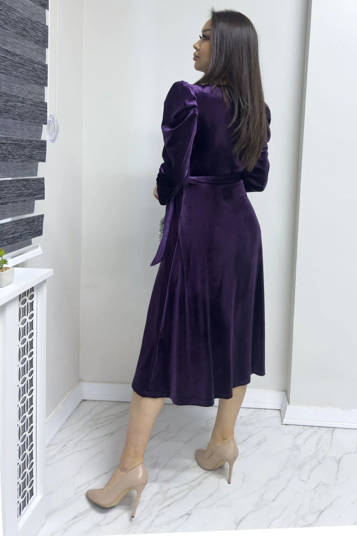 Women's Purple Karpuz Sleeve Wrap Velvet Belted Plus Size Dress