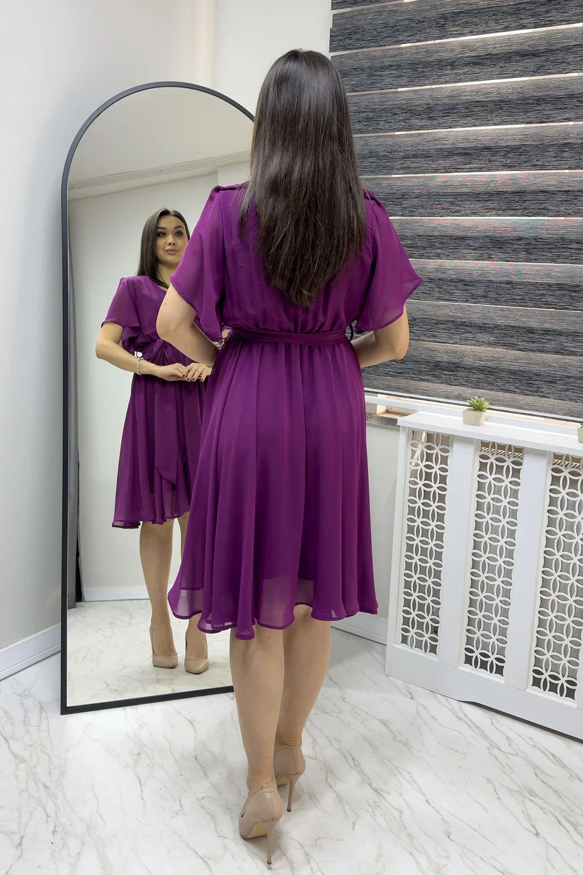 Women's Plum Flared Half Sleeve Plus Size Chiffon Dress