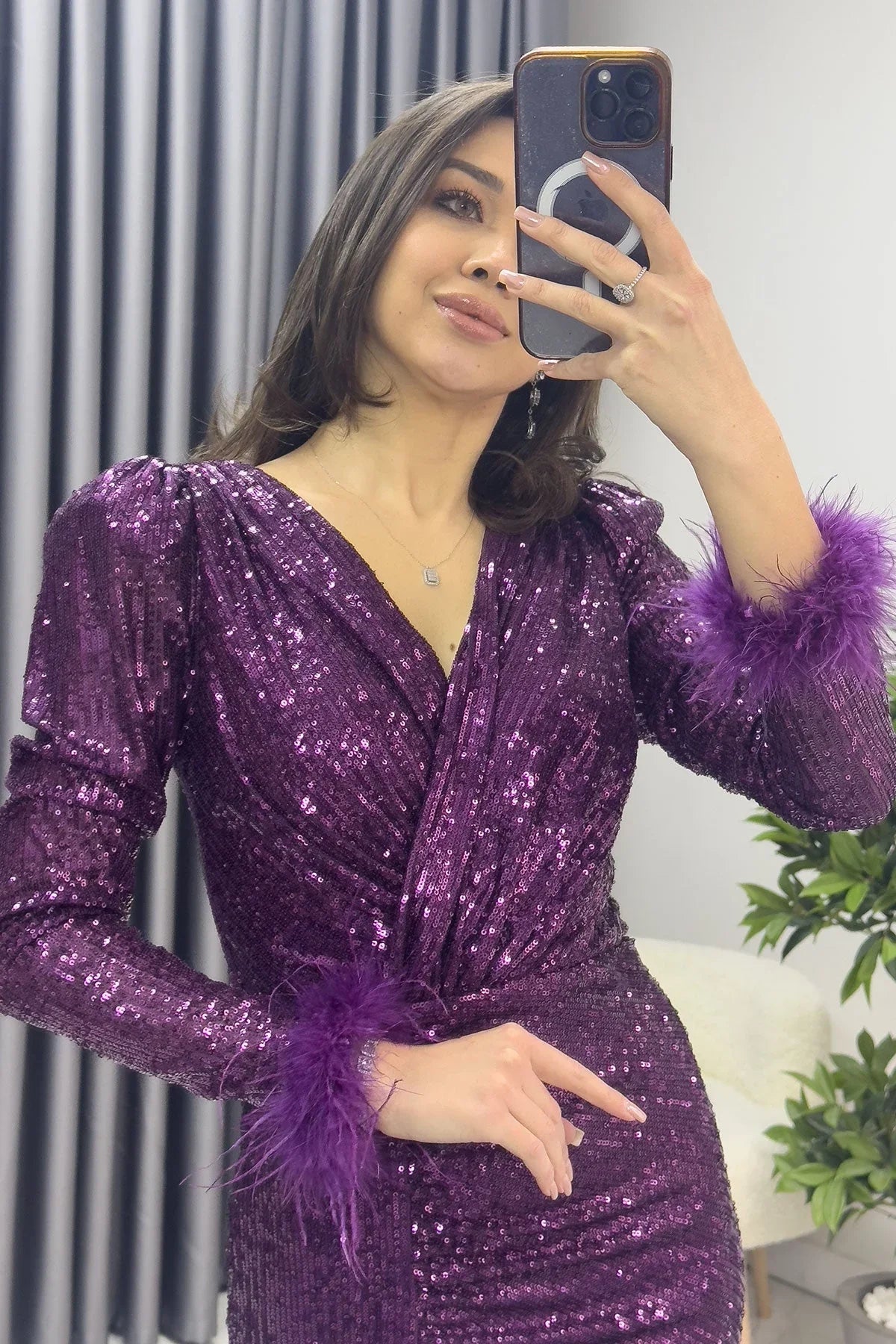 Women's Purple Wrap Neck Otriş Detail Sequin Slit Mermaid Evening Gown - the ZKS