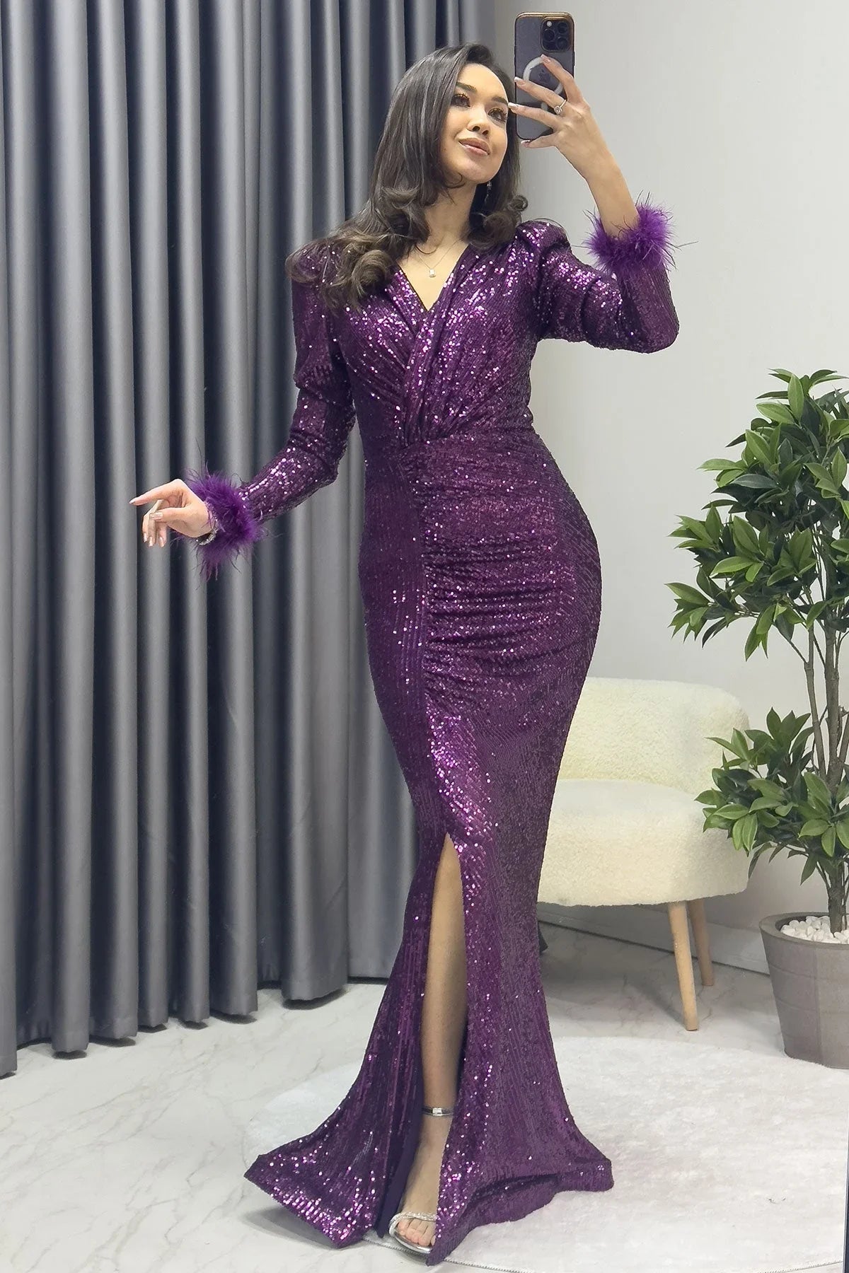 Women's Purple Wrap Neck Otriş Detail Sequin Slit Mermaid Evening Gown - the ZKS