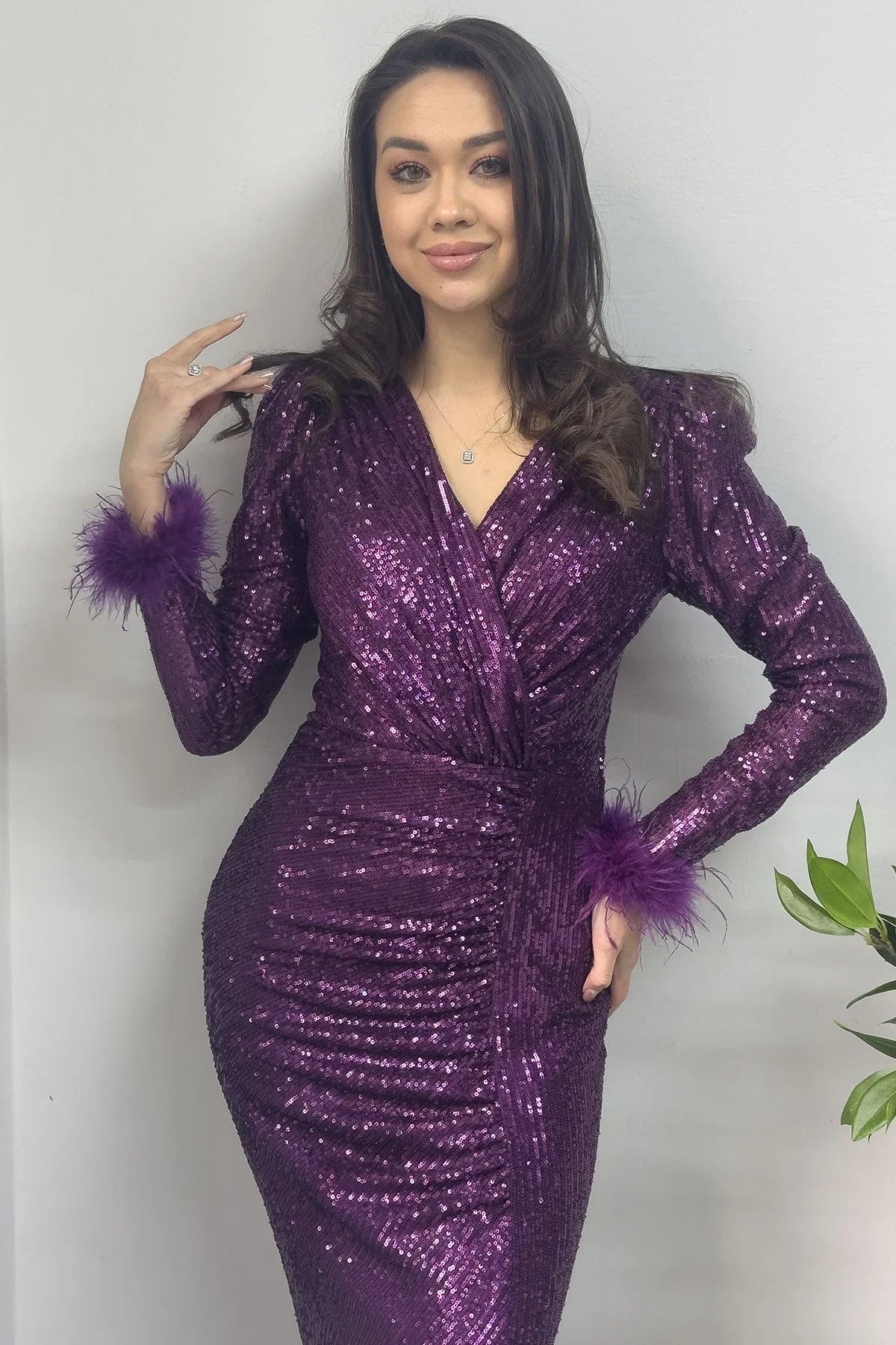 Women's Purple Wrap Neck Otriş Detail Sequin Slit Mermaid Evening Gown - the ZKS