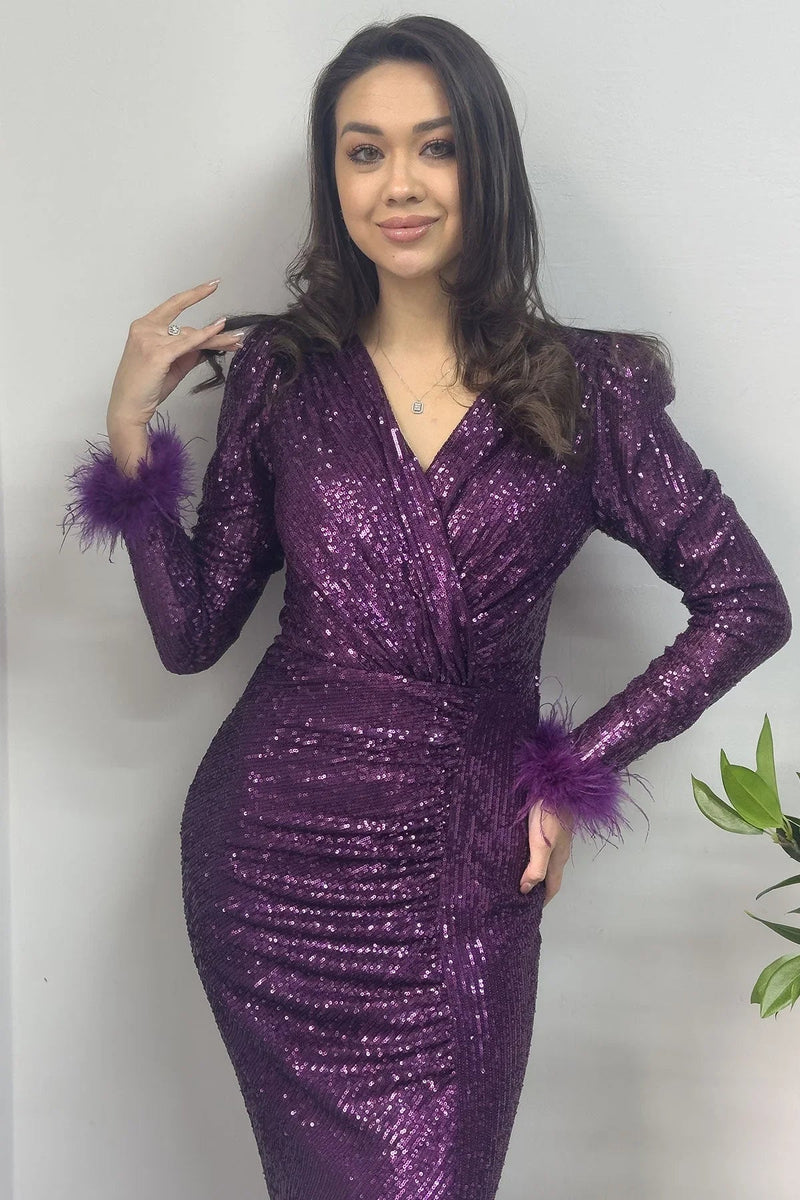 Women's Purple Wrap Neck Otriş Detail Sequin Slit Mermaid Evening Gown - the ZKS