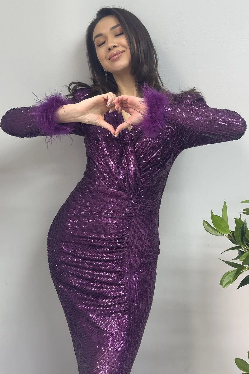 Women's Purple Wrap Neck Otriş Detail Sequin Slit Mermaid Evening Gown - the ZKS