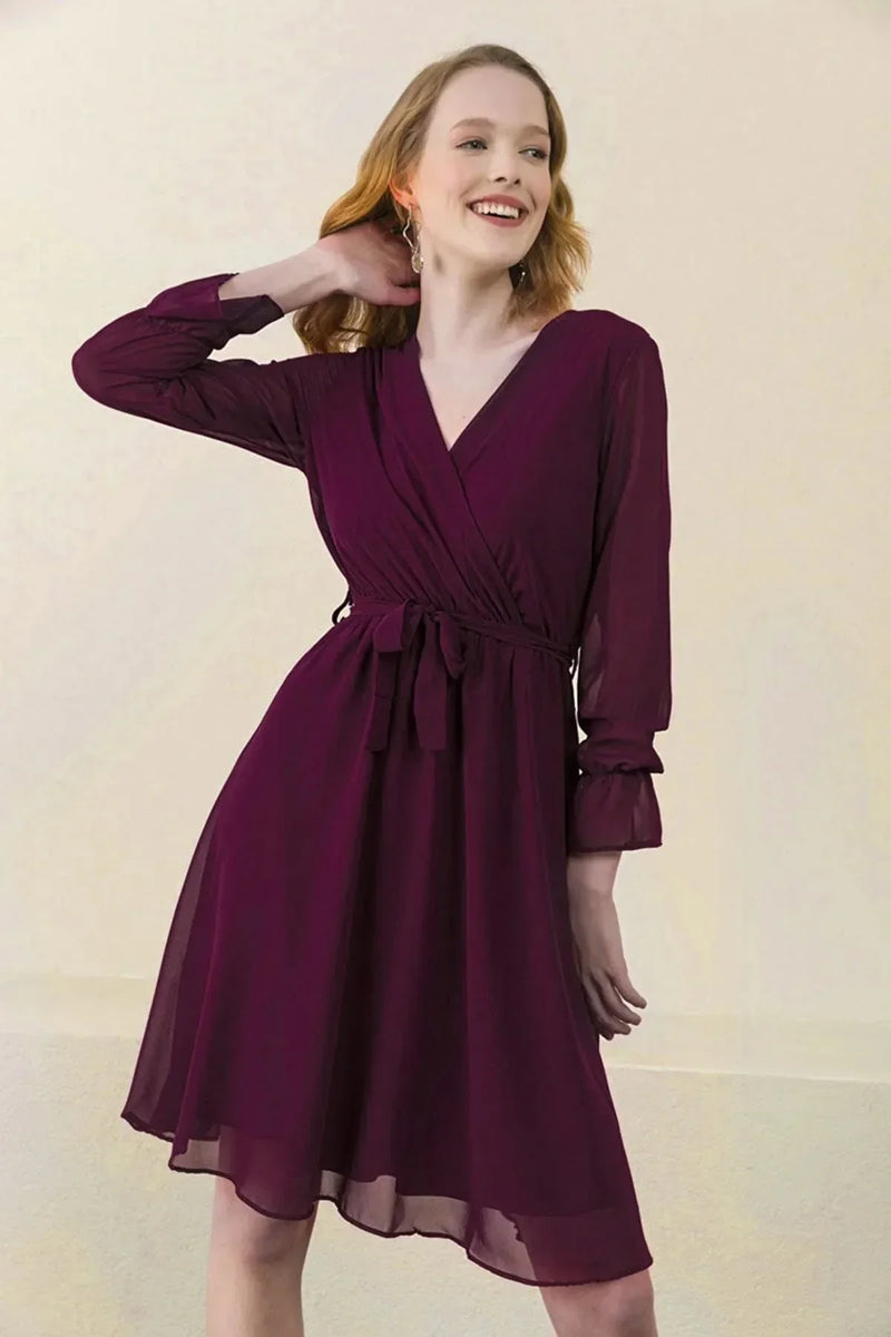 Women's Purple Wrap Neck Chiffon Plus Size Short Dress