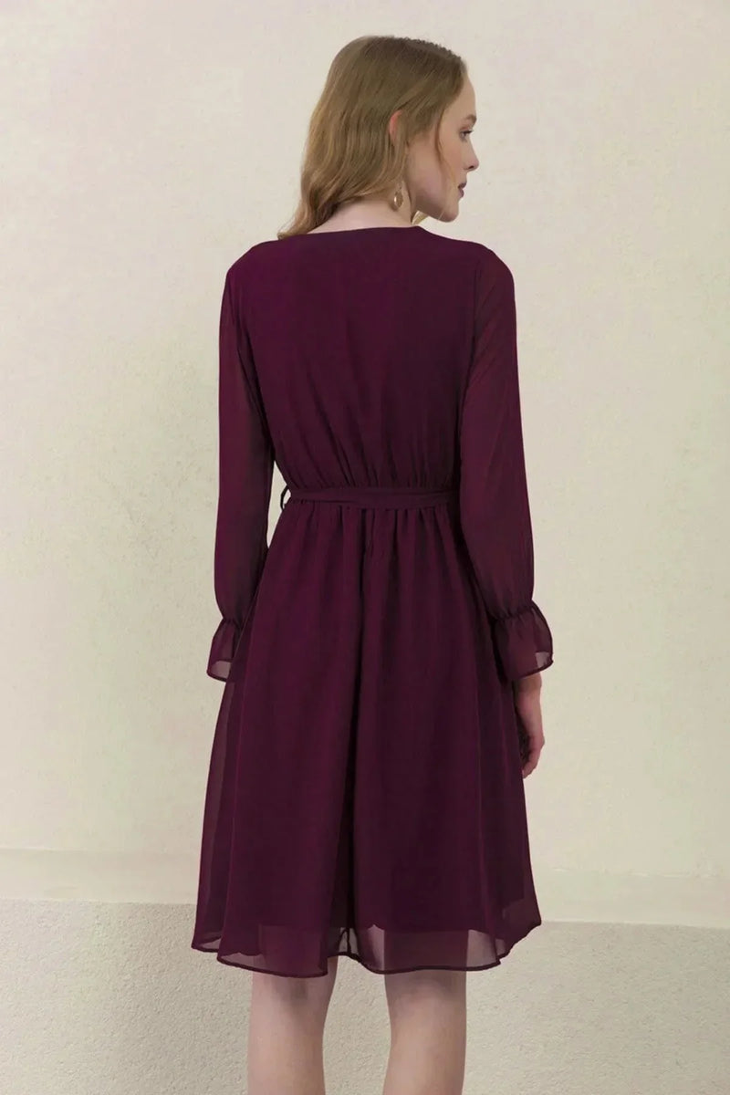 Women's Purple Wrap Neck Chiffon Plus Size Short Dress