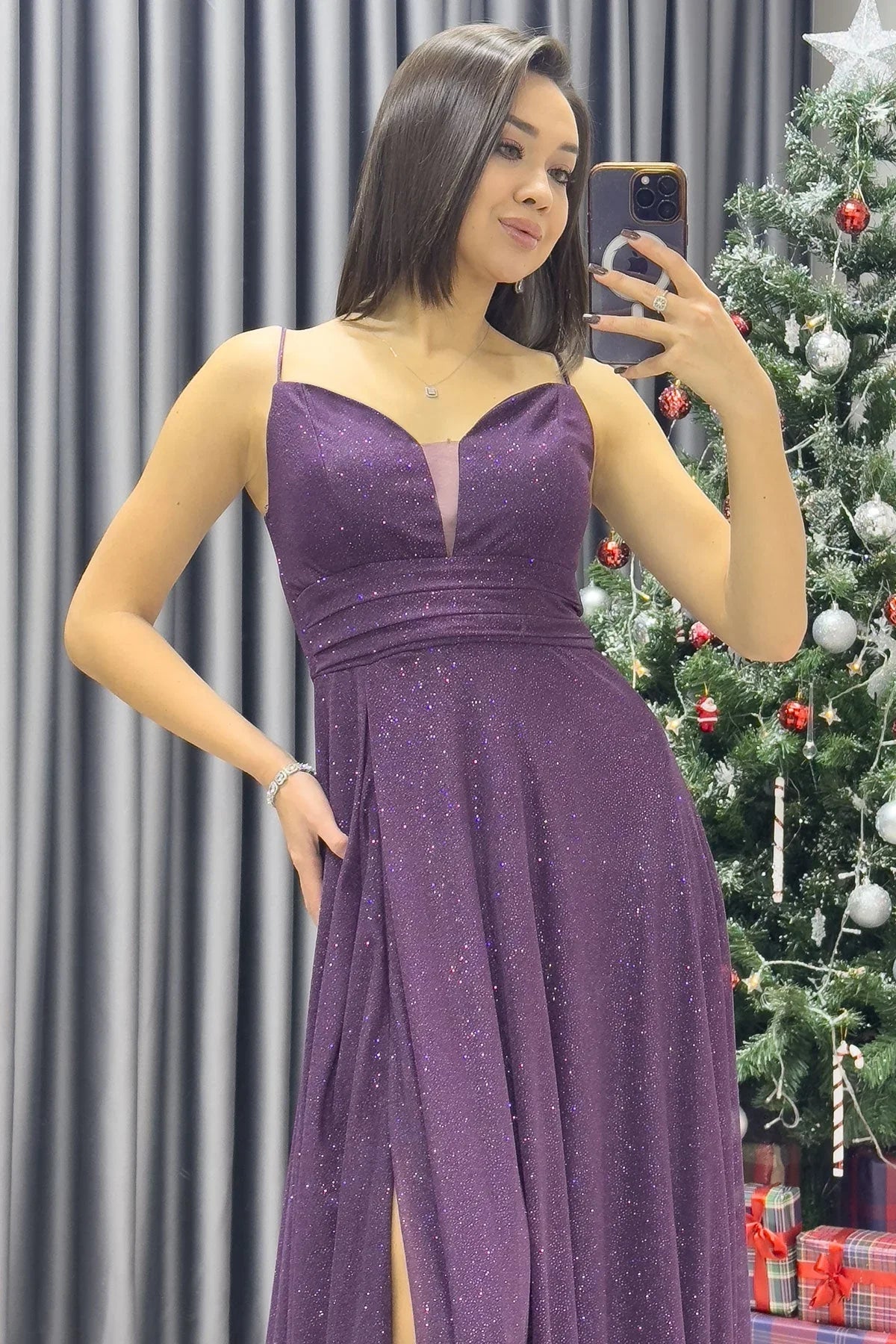 Women's Purple Glitter V-Neck Ayarlanabilir Slit Strap Evening Gown - the ZKS