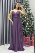 Purple Glitter Slit Tulle Evening Dress