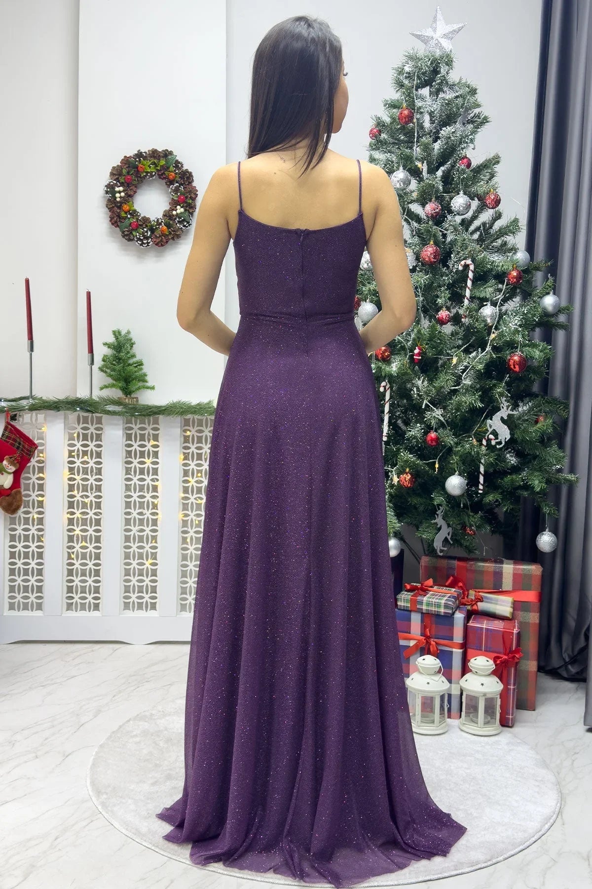 Women's Purple Glitter V-Neck Ayarlanabilir Slit Strap Evening Gown - the ZKS